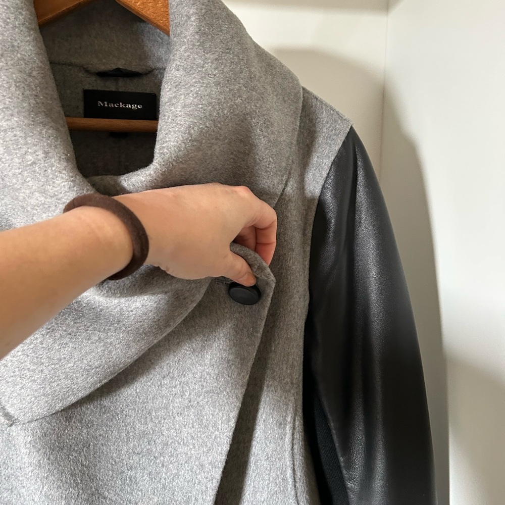 Mackage Gray Wool Cashmere blend and Black Leather Women's Coat - Picture 5 of 10